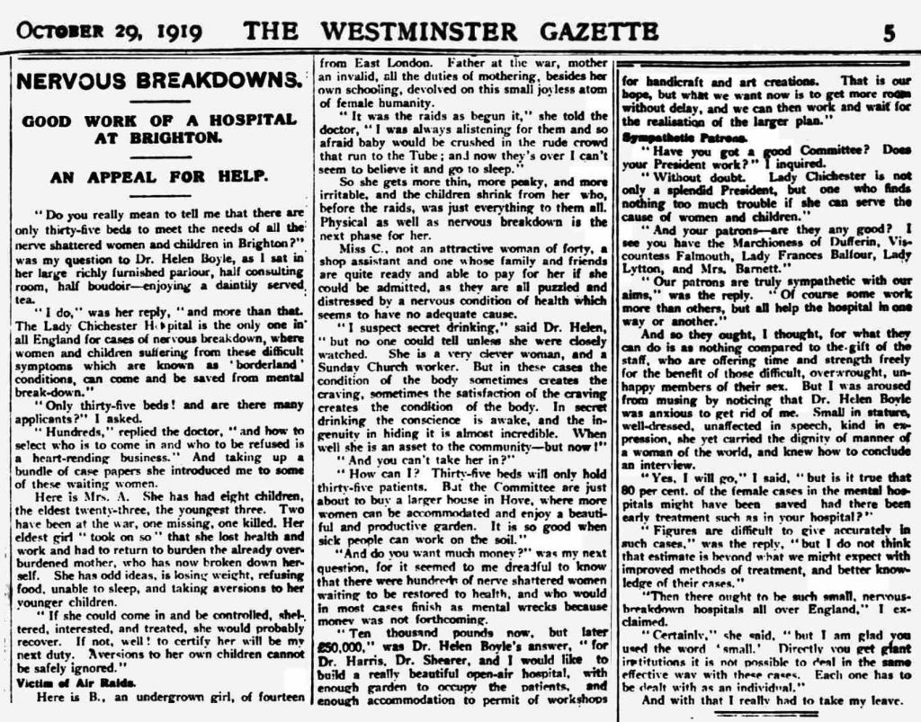 The Westminster Gazette, Dr Helen Boyle, 1919